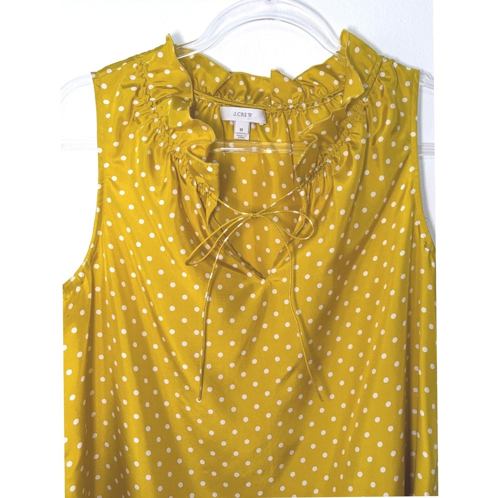J.Crew Naomi 100% Silk Mustard Polka Dot Ruffle Tie Neck Blouse Size 10 - Picture 3 of 8